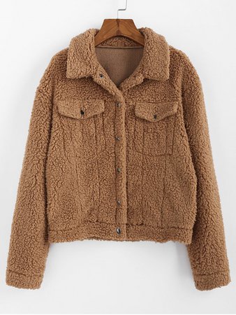 [33% OFF] [POPULAR] 2019 ZAFUL Drop Shoulder Button Up Plain Teddy Coat In BROWN | ZAFUL brown