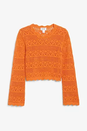 Colour block long sleeved crochet style top - Orange - Monki WW