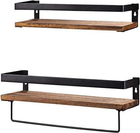 Y&ME YM Bathroom Storage Shelf Wall Mounted Set of 2,Rustic Wood Floating Shelves with Removable Towel Bar,Perfect for Kitchen, Bathroom, Carbonized Brown: Amazon.ca: Home & Kitchen