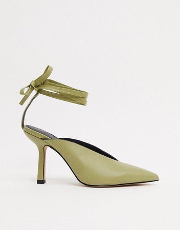 ASOS DESIGN Piper tie leg mid heels in olive green | ASOS