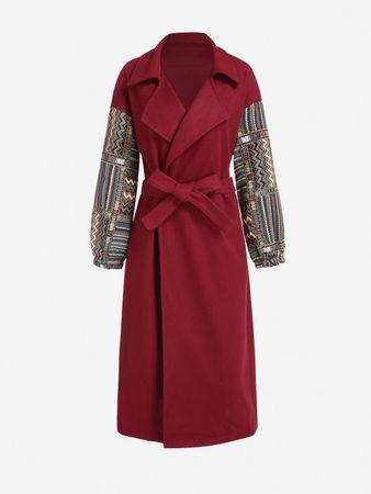 Aztec Pattern Drop Shoulder Belted Wool Blend Coat In DEEP RED | ZAFUL 2023