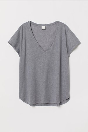 V-ringad t-shirt i bomull - Mörk gråmelerad - DAM | H&M SE