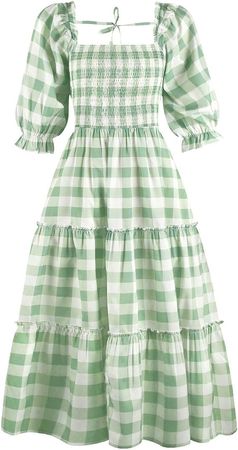 Women Summer Lantern Sleeve Square Neck Gingham Dress Ruffle Pleated Open Back Tiered Maxi Beach Dresses at Amazon Women’s Clothing store