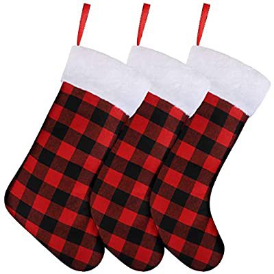 Amazon.com: URATOT 3 Pack Christmas Stockings Buffalo Plaid Style Xmas Stockings and Plush Fur Cuff Stockings Fireplace Decorations for Family Holiday Xmas Party Decorations: Home & Kitchen