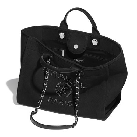 Mixed Fibers, Imitation Pearls, Silver-Tone Metal Black Large Shopping Bag | CHANEL