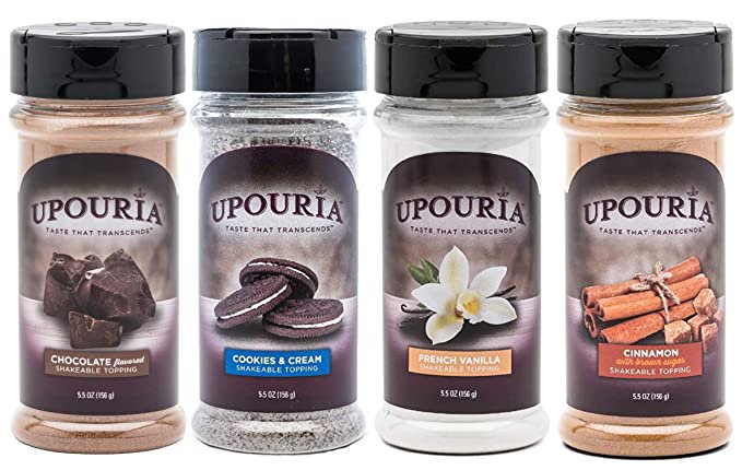 Amazon.com: Upouria Coffee Topping Variety Pack - Chocolate, Cookies N Cream, French Vanilla and Cinnamon with Brown Sugar - 5.5 Ounce Shakeable Topping Jars - (Pack of 4)
