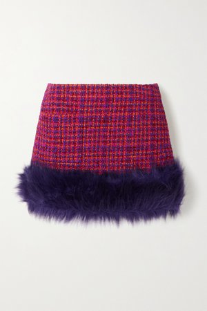 ysl Faux fur-trimmed checked wool-blend bouclé mini skirt