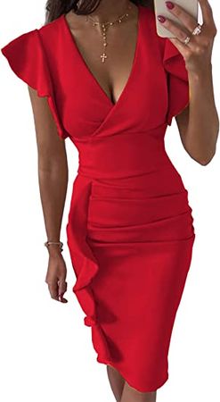 Amazon.com: Umenlele Women's Deep V Neck Ruffle Sleeves Ruched Cocktail Pencil Bodycon Midi Dress : Clothing, Shoes & Jewelry