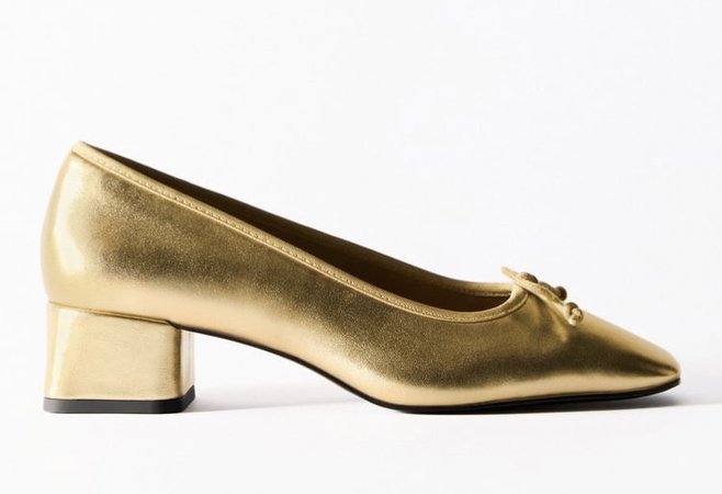 gold ballerina block heel pump