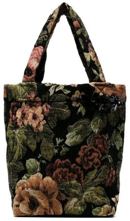 black small floral print tapestry tote bag