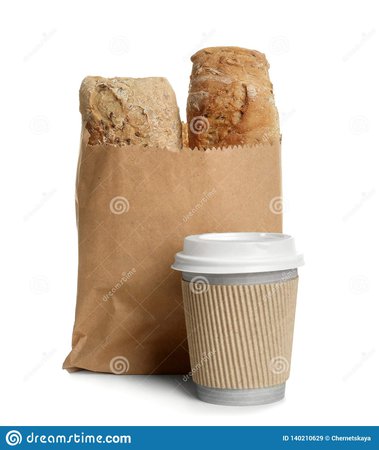 Paper Bag With Bread And Cup Of Coffee On White Background. Stock Image - Image of disposable, loaf: 140210629