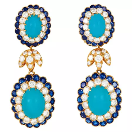 Van Cleef and Arpels Vintage Turquoise Sapphire Diamond Ear Clips For Sale at 1stDibs | turquoise van cleef earrings, van cleef and arpels earrings, van cleef turquoise earrings