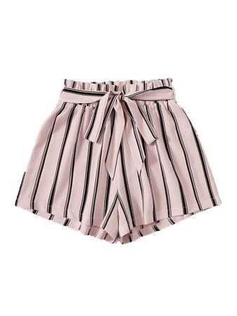 Striped Paper Bag Waist Belted Shorts