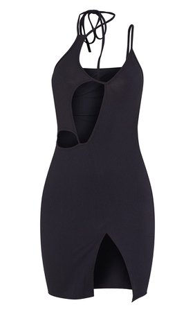 Black Rib Cut Out Strappy Halterneck Bodycon Dress | PrettyLittleThing USA