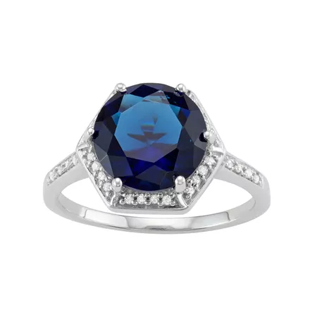 Sterling Silver Lab-Created Sapphire & 1/10 Carat T.W. Diamond Halo Ring