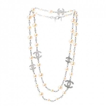 CHANEL Crystal Pearl CC Long Necklace Silver 264309