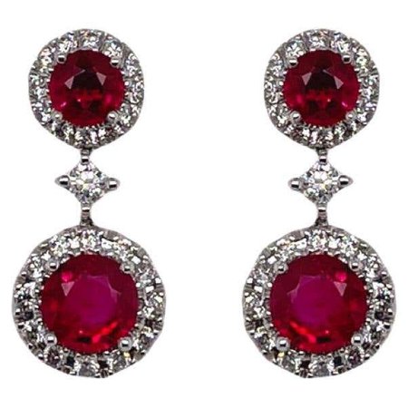 Round Ruby and Diamond Drop Earrings in 18K White Gold For Sale at 1stDibs