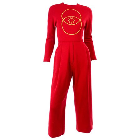Red Vintage 1980s Geoffrey Beene Jumpsuit With Gold Circle and Star Embroidery For Sale at 1stDibs