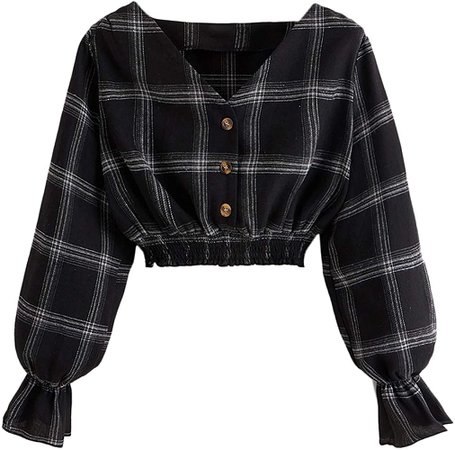 SheIn Women's Bell Long Sleeve V Neck Button Up Plaid Blouse Tight Hem Crop Top Black Plaid Small at Amazon Women’s Clothing store