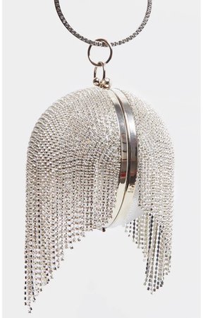 Prettylittlething Silver Diamante Tassel Sphere Clutch