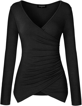 MIMIGOGO Women's Deep V Neck Long Sleeve Cross Wrap Pleated Slim Fit Shirts Tops Blouse MGU272-BKL Black at Amazon Women’s Clothing store