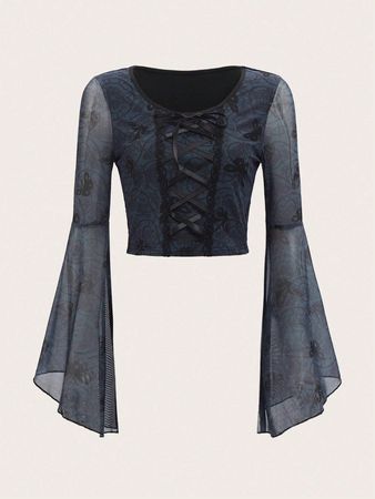 Is That The New Corpse Bride | ROMWE Butterfly Print Lace Up Front Bell Sleeve Crop Top ??| ROMWE USA