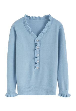 Ruffle Edge Button Front Knit Sweater in Blue - Retro, Indie and Unique Fashion