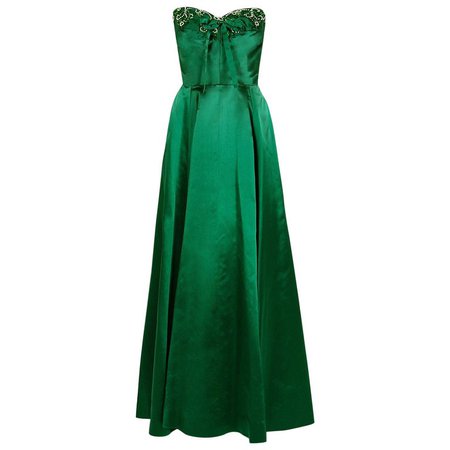 1950's Helga Couture Emerald-Green Beaded Satin Strapless Bombshell Evening Gown For Sale at 1stdibs