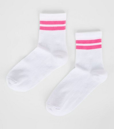 Bright Pink Neon Stripe White Ankle Socks | New Look