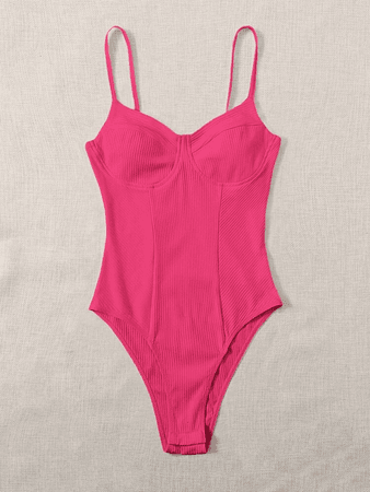 SHEIN Solid Bustier Rib-Knit Bodysuit Hot Pink