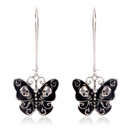 Black and Silver Skull and Swirl Butterfly Long-Hook Drop Earrings - Joji Boutique