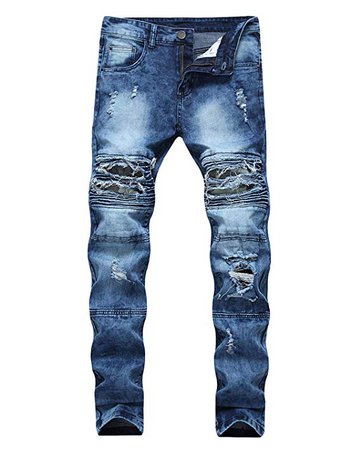 Baylvn Men's Ripped Distressed Slim Fit Holes Biker Jeans Blue Blue 28 at Amazon Men’s Clothing store