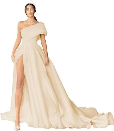 Dymaisei One Shoulder Wedding Dresses Tulle Prom Dresses Long A Line Formal Dresses with Slit at Amazon Women’s Clothing store