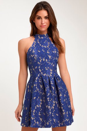 Royal Blue Dress - Lace Dress - Halter Dress - Skater Dress