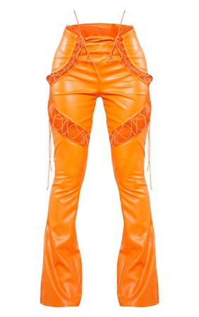 Bright Orange Lace Up Pu Cut Out Flared Trousers | PrettyLittleThing USA