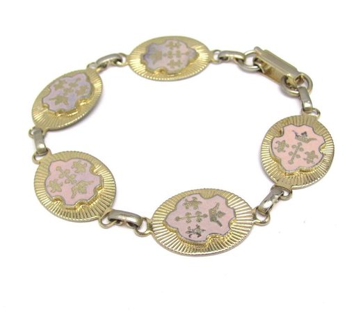 Mid Century Link Bracelet Fleur De Lis Pink Enamel 50s Jewelry | Etsy