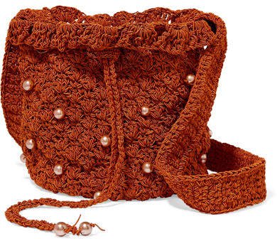 Suryo - Bucket Of Poppies Faux Pearl-embellished Crocheted Shoulder Bag - Brown