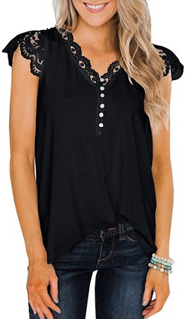 Hestenve Womens Summer Sleeveless Lace Button Down Helney Shirts V Neck Chiffon Blouse Black at Amazon Women’s Clothing store