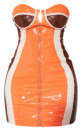 Shape Orange Pu Panel Cup Detail Zip Bodycon Dress | PrettyLittleThing USA