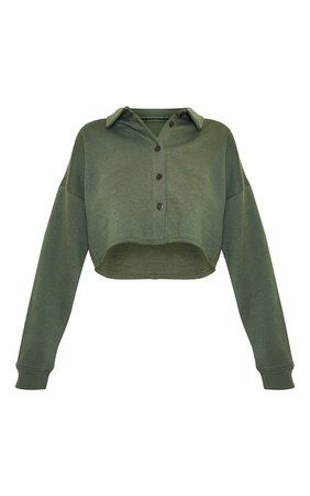 Khaki Fleece Oversized Button Crop Polo Shirt | PrettyLittleThing USA