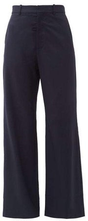 High Rise Wool Twill Flared Trousers - Womens - Navy