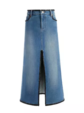 Rye Denim Maxi Skirt With Vegan Leather In Lola Blue/black | Alice And Olivia