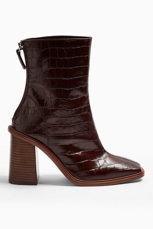 HERTFORD Leather Burgundy Croc Print Boots | Topshop