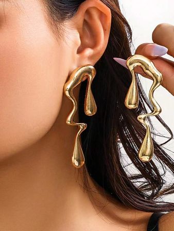 Irregular Waterdrop Earrings Mismatched Earrings, Melting Liquid Asymmetrical Drop Earrings, Golden Statement Earrings for Women Minimalist Geometric Stud Earrings | SHEIN