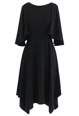Asymmetric Cold-Shoulder Midi Dress in Black - Retro, Indie and Unique Fashion