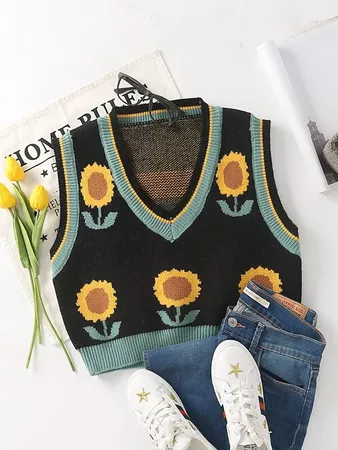 Sunflower Pattern Sweater Vest | SHEIN USA Black