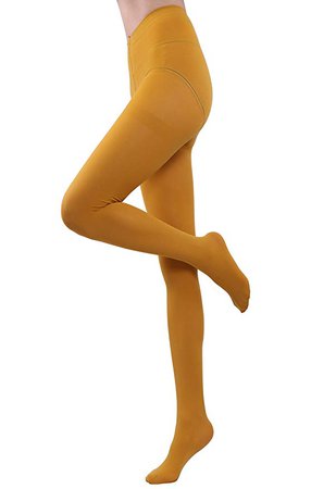 HeyUU Women's Semi Opaque Solid Color Soft Footed Pantyhose Tights 2 Pack Mustard XSS at Amazon Women’s Clothing store