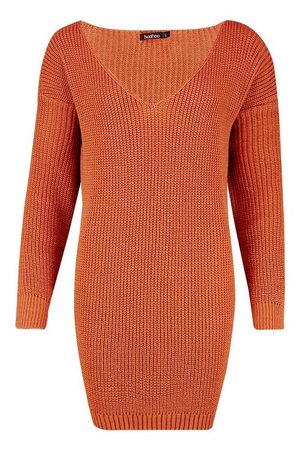 V Neck jumper Mini Dress orange mini | Boohoo