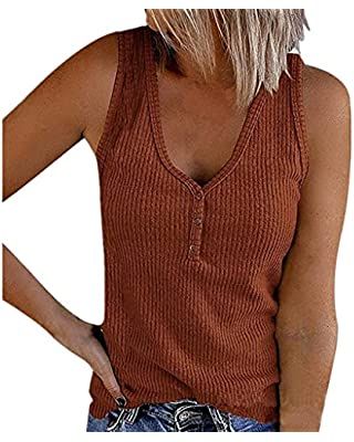 Saodimallsu Womens Loose Tank Tops Ribbed V Neck Sleeveless Henley Shirts Casual Button Up Cami Knit Tees (Medium, RED) at Amazon Women’s Clothing store