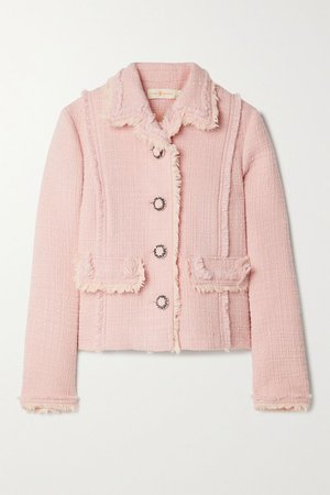Blush Frayed embellished wool-blend tweed jacket | Tory Burch | NET-A-PORTER